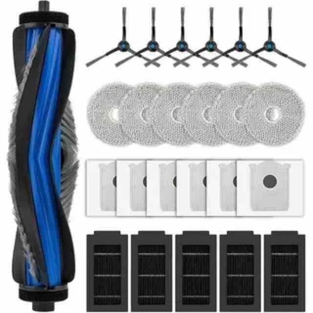 Replacement maintenance kit for DEEBOT T50/T50 Pro Omni, showing a main roller brush, six side brushes, six mop pads, and multiple filter cartridges arranged on a white background.