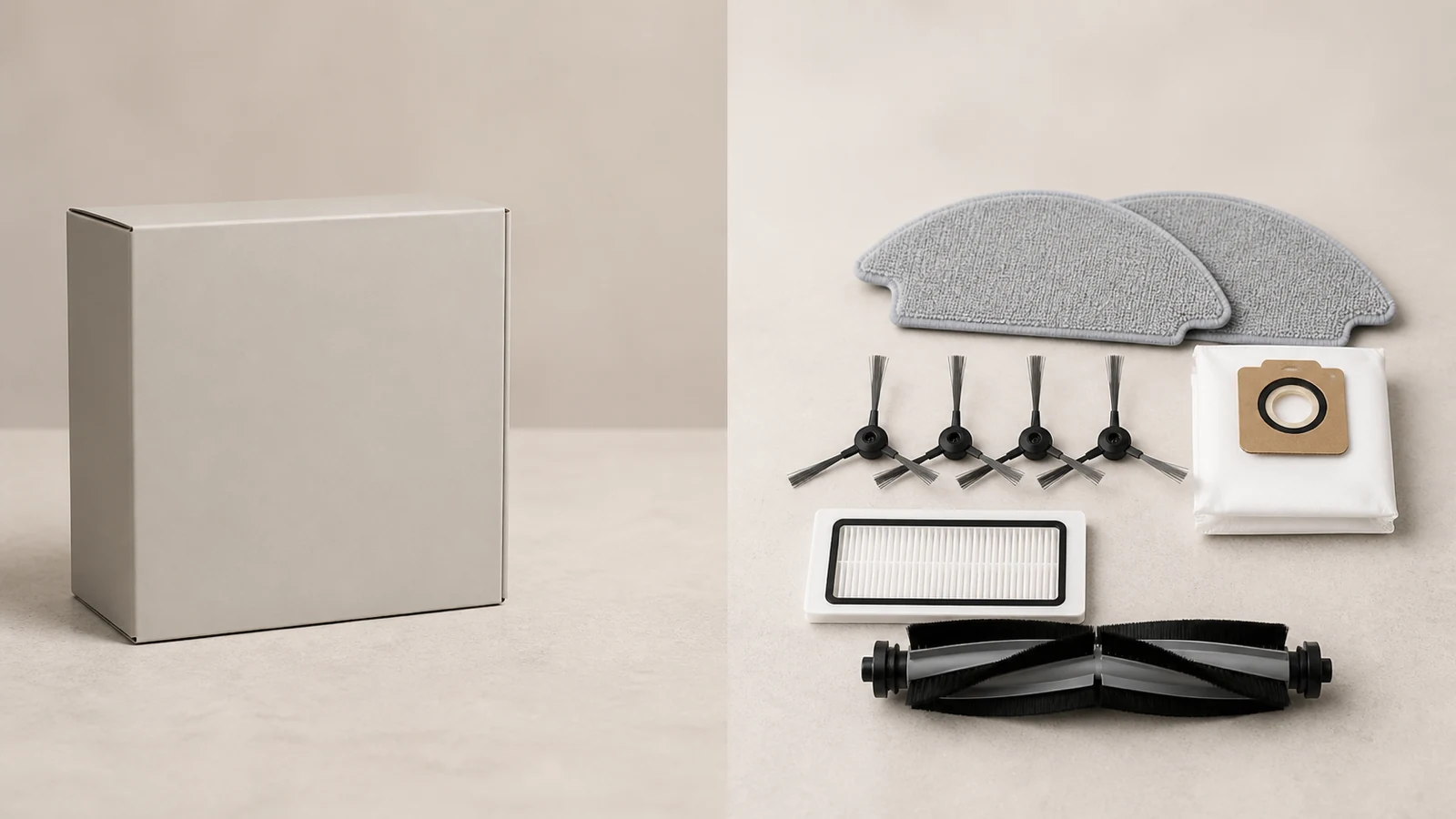 Comparison scene of a single accessory pack beside a multi-part robot vacuum refill kit