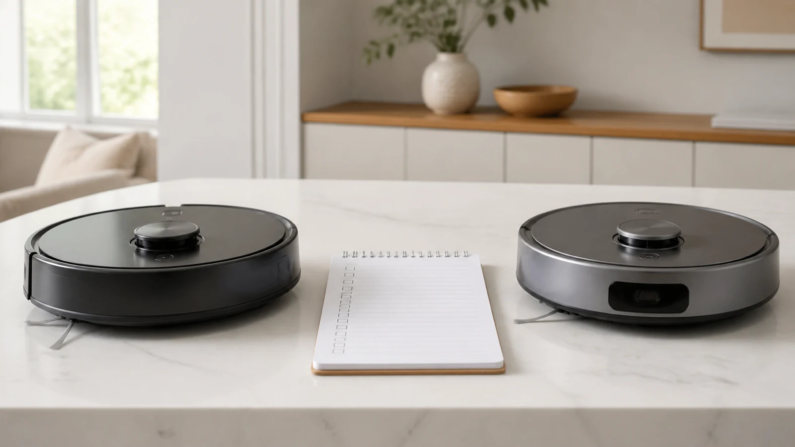 Two robot vacuums beside a notepad checklist for checking replacement part compatibility