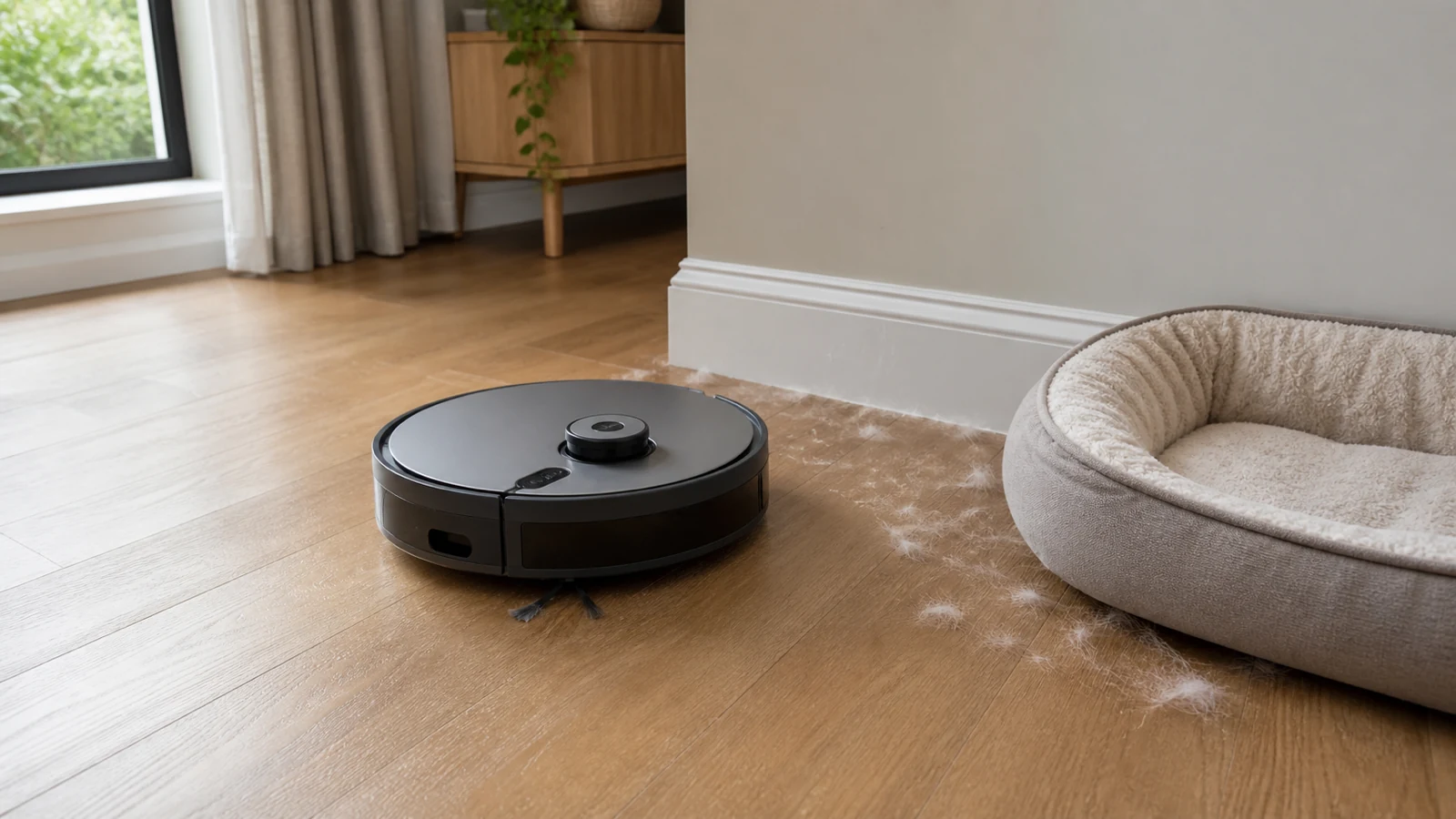 Robot vacuum on a hard floor near a pet bed with loose fur along the skirting